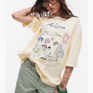 🌵Topshop Oversized Cream Ribbed Collar T-Shirt